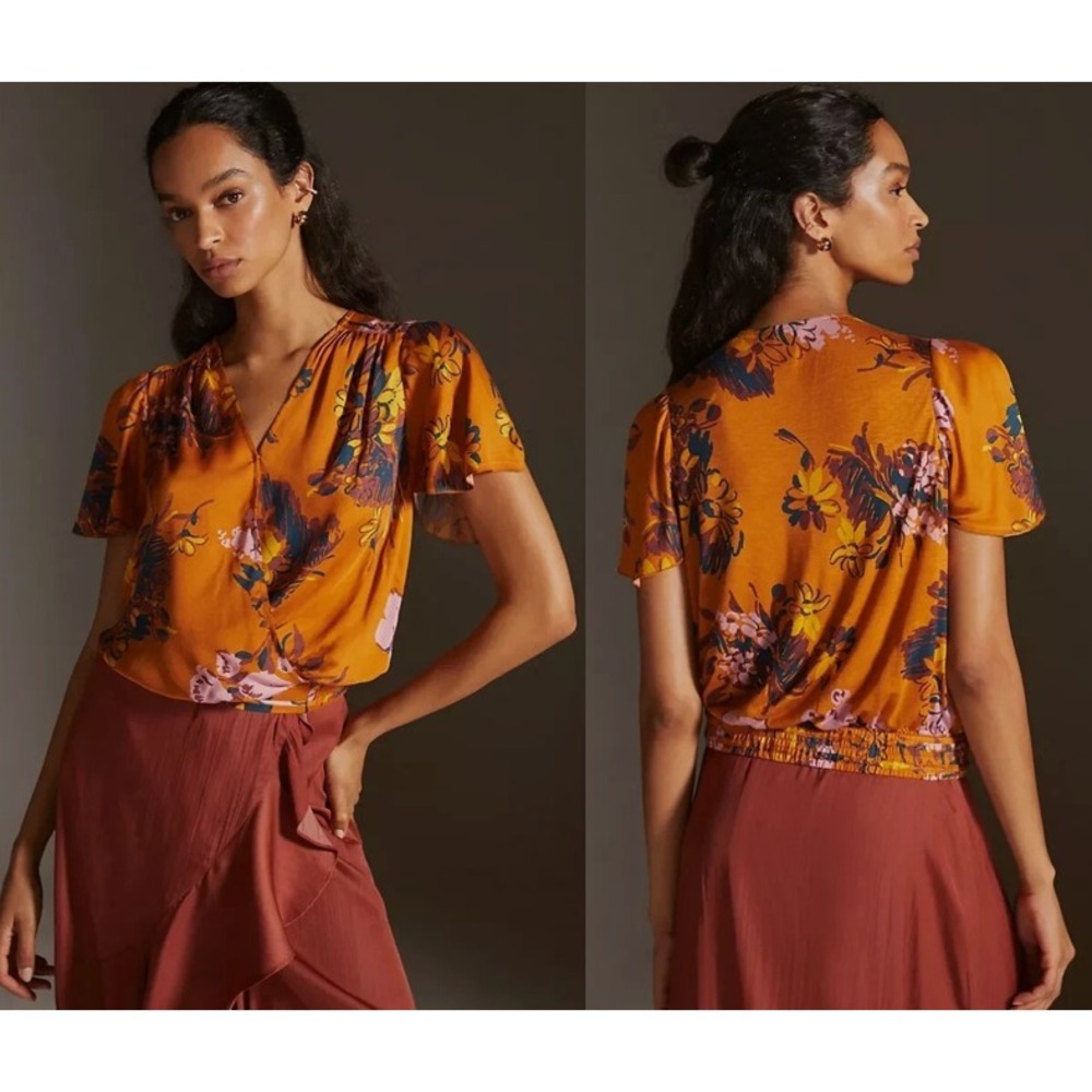 TINY by Anthropologie Wrap Style Floral Print Short Sleeve Blouse Women's Size S